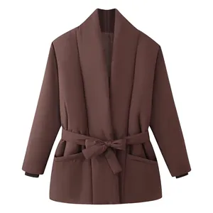 Women Fashion Solid Color Tie-Up Loose Padded Coat Outerwear Long Sleeve V-Neck Quilted Winter Jacket With Belt For Women