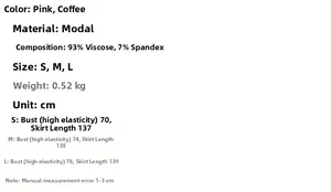 Detailed size chart for sleeveless modal maxi dress showing S, M, and L dimensions