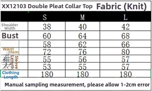 Detailed size chart for solid color ruched knit top with double collar measurements