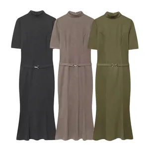 Women Elegant Stand Collar Short Sleeve Maxi Dress With Belt Fishtail Hem Solid Color Knitted Twill Autumn Casual Long Dress