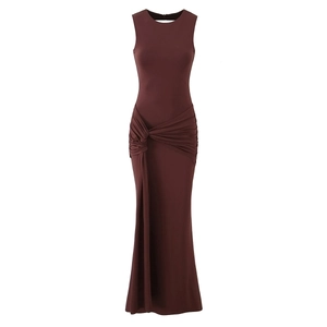 Detail of the waist knot and pleated texture on this sleeveless brown maxi dress
