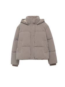 Women's short hooded puffer jacket in neutral taupe with windproof collar and quilted design
