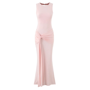 Detail of light pink sleeveless bodycon maxi dress with knotted waist and elegant draping