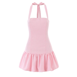 Detailed view of pink and white striped halter dress with ruffled hem and waist tie