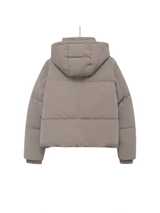 Short hooded grey puffer jacket for women with quilted padding and minimalist design