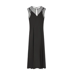 Robe Longue pour Femme Sans Manches avec Épissage en Maille Élégante Noire Trapèze Robe de Soirée Style de Rue