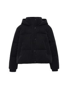 Women's black short hooded quilted puffer jacket with matte finish and snap buttons