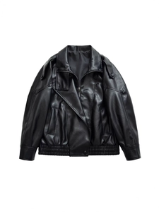 Women Casual Oversized PU Leather Jacket Lapel Vintage Biker Jacket Long Sleeve Zip Up Outwear With Pocket Epaulette