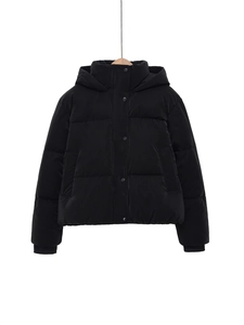 Women's short black hooded puffer jacket with button closure and windproof ribbed cuffs