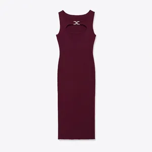 Robe Midi En Tricot Sans Manches Col Rond Côtelé Détail Boucle Métallique Couleur Unie Coupe Ajustée Élégante Femmes