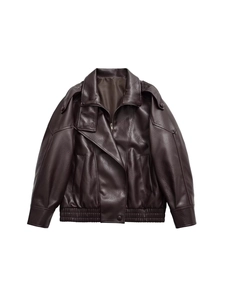Fashionable loose fit PU leather jacket with vintage lapel collar in dark coffee brown