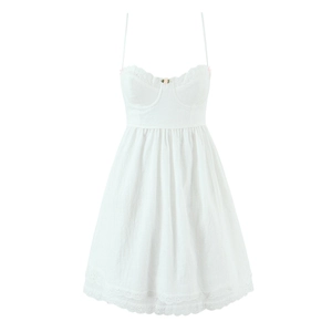 Women White Lace Trim Cami Dress Sweet Mini Dress Backless Lace-up Bow Cotton Slub Fabric Summer Sundress