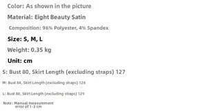 Detailed size chart for backless satin dress with measurements in CM for S, M, and L sizes