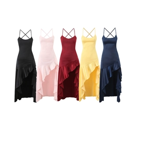 Women Satin Ruffle Slip Dress Irregular High Low Hem Cross Backless Slit Sexy Midi Long Dress Party Evening Elegant Summer