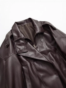 Deep brown PU leather jacket with lapel collar and metal zipper on white background