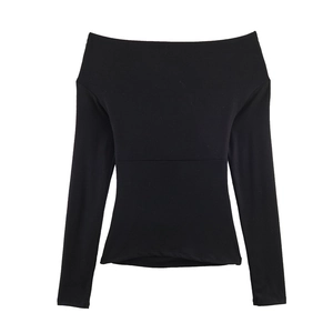 Detailed view of the black off-the-shoulder long sleeve top with ribbed knit texture