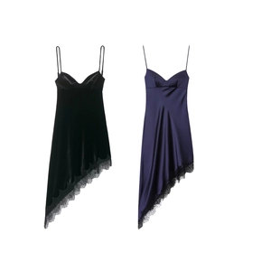 Abito Donna Sexy Schiena Scoperta in Raso con Bordi in Pizzo Spalline Sottili Scollo a V Velluto Orlo Asimmetrico Abito Sottoveste Midi Party Clubwear