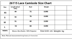 Size chart for lace patchwork irregular camisole with detailed measurements in cm