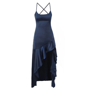 Detail of navy satin dress featuring spaghetti straps and ruffled asymmetrical hemline