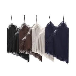 Women Sexy Lace Patchwork Satin Camisole Asymmetric Hem Spaghetti Strap V-Neck Loose Sleeveless Tank Top Party Streetwear