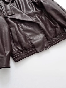 Deep brown vintage PU leather bomber jacket with lapel collar and ribbed hem