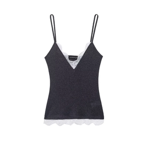 Débardeur femme gris anthracite avec bordure en dentelle blanche élégante et décolleté en V