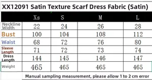 Size chart for satin scarf dress XX12091 with bust waist and length measurements in cm