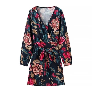 Vestito da Donna con Scollo a V Stampa Floreale Manica Lunga Elegante Blu Marino con Cintura a Linea A Midi
