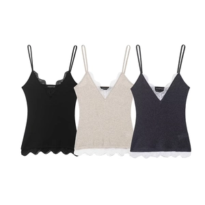 Lot de 3 caracos femme avec bordure en dentelle en noir, beige et gris foncé col en V