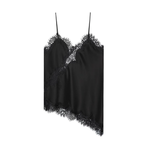 Detail of elegant black satin camisole with delicate eyelash lace trim and asymmetric hem