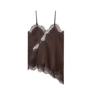 Detailed view of dark brown satin camisole with lace trim and asymmetrical hemline