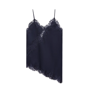 Close-up of dark blue satin camisole featuring delicate lace trim and v-neckline