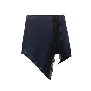 Mini-Jupe Élégante en Satin et Dentelle Patchwork pour Femme Sexy Bleu Marine Ourlet Asymétrique Taille Haute Jupe Courte
