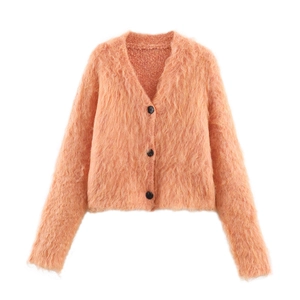 Gilet duveteux pêche pour femme avec col en V et boutons noirs, coupe décontractée