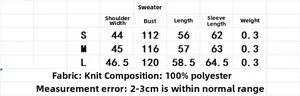 Tabella taglie dettagliata per maglione da donna in maglia a rombi, misure S, M e L