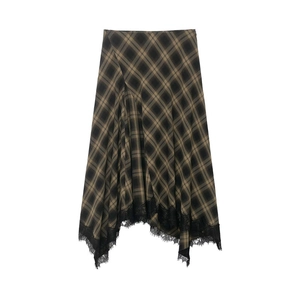Women Vintage Plaid Asymmetrical Midi Skirt With Black Eyelash Lace Trim High Waist Slimming Bodycon Plaid Midi Skirt