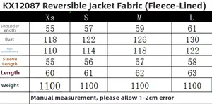 Detailed size chart for the double-sided jacket with measurements for XS to L sizes