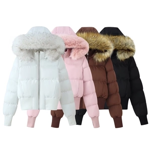Doudoune courte à capuche pour femme avec col en fausse fourrure quatre couleurs