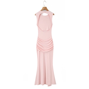 Detail of light pink sleeveless maxi dress with ruched waist and open back design