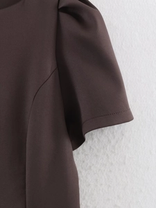 Details von Puffärmeln und Prinzessnähten an einem dunkelbraunen Kurzarmkleid-Stoff