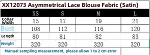 Size chart for lace satin shirt showing bust and length measurements in centimeters