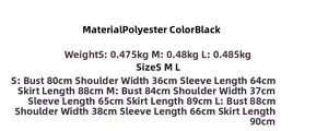 Detailed size chart for the black slim fit dress with measurements in cm and weights