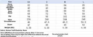 Size chart table for sleeveless mini dress with measurements in cm for XS to L sizes