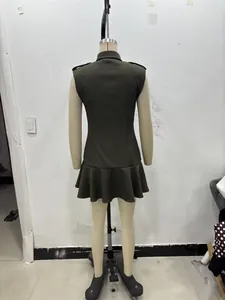 Back view of dark olive sleeveless mini dress with military style lapel and ruffled hem
