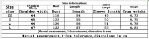Detailed size chart for the sequin jacket showing shoulder width, bust, and length