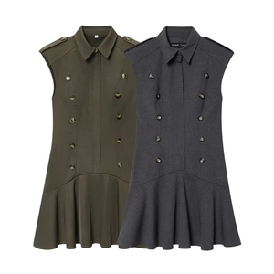 Women Sleeveless Military Style Double Breasted Mini Dress With Ruffle Hem Epaulet Lapel Short Vest Dress Spring