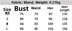 Size chart for slim lace satin dress showing measurements from XS to L in centimeters