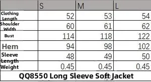 Detailed size chart for women's zipper jacket and pants set with S, M, L dimensions