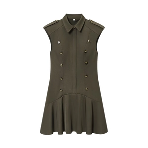 Detail of army green sleeveless dress featuring a classic lapel and button accents