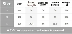 Size chart for women's winter coat with detailed bust, length, and shoulder measurements